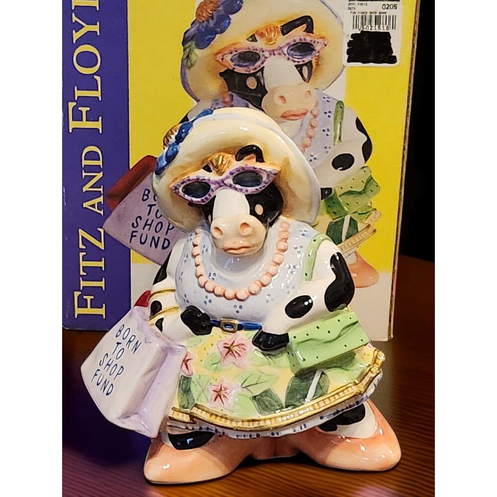 Fitz and Floyd Essentials Fun Funds Shopping Fund Cow Bank Born to Shop EUC
